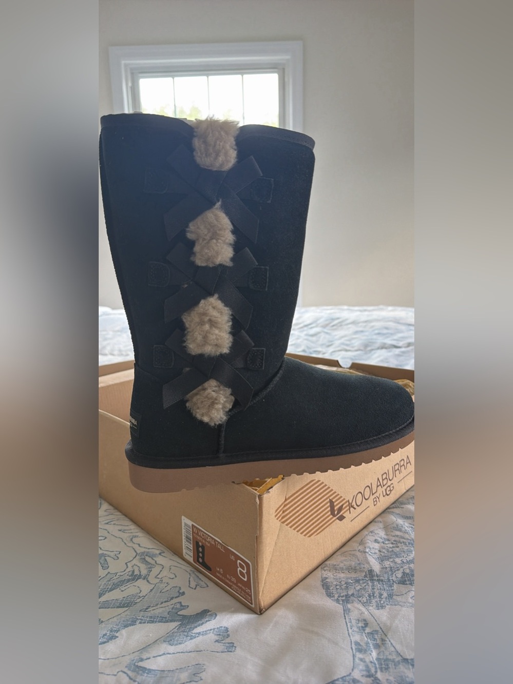 Koolaburra Black Suede Mid-Calf Boots with Beige Shearling Bows